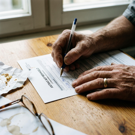 Nahaufnahme von Händen, die ein Formular ausfüllen.