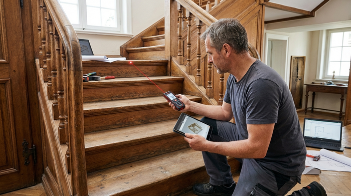 Fachmann misst mit einem digitalen Gerät eine Holztreppe aus.