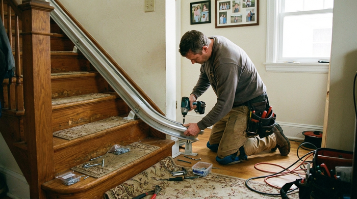 Handwerker montiert die Schiene eines Treppenlifts auf den Stufen.