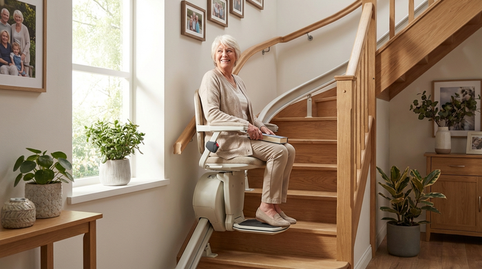 Seniorin fährt entspannt auf dem fertig installierten Sitzlift nach oben.
