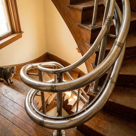 Detailansicht einer geschwungenen Treppenliftschiene in einer Kurve.