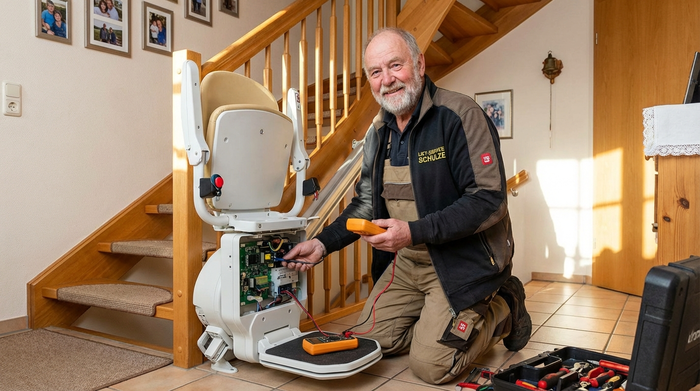 Freundlicher Handwerker in Arbeitskleidung wartet einen Treppenlift und prüft die Technik.
