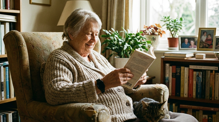 Ältere Dame sitzt entspannt in ihrem Sessel und liest ein Buch, am Handgelenk trägt sie unauffällig einen Hausnotruf-Sender
