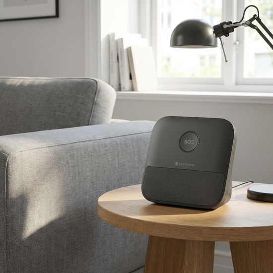 Moderne Hausnotruf-Basisstation auf einem kleinen Beistelltisch neben dem Sofa