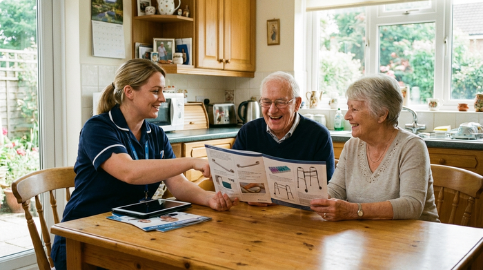 Pflegerin berät ein älteres Ehepaar am Küchentisch über Pflegehilfsmittel