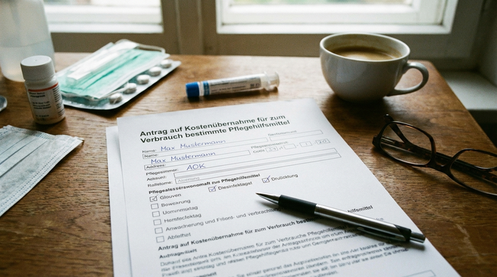 Ausgefülltes Antragsformular für Pflegehilfsmittel auf einem Schreibtisch