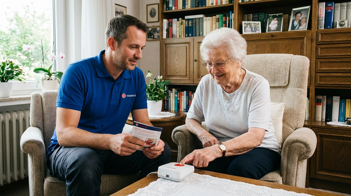 Techniker erklärt einer Seniorin die neue Hausnotruf-Station