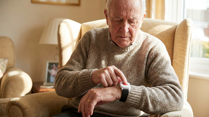 Senior drückt testweise den roten Knopf an seinem Handgelenk-Sender