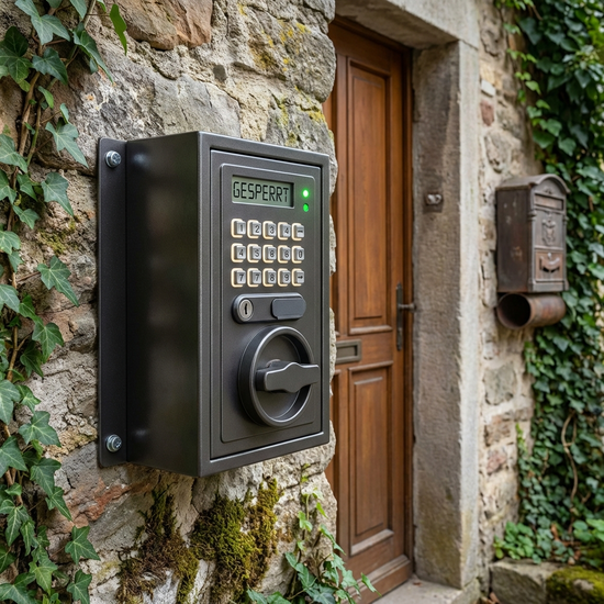 Sicherer Schlüsseltresor mit Zahlencode an einer Hauswand