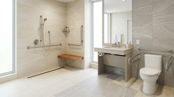 Modernes, barrierefreies Badezimmer mit ebenerdiger Dusche, gut erreichbaren Haltegriffen und rutschfesten Fliesen in hellen Farben