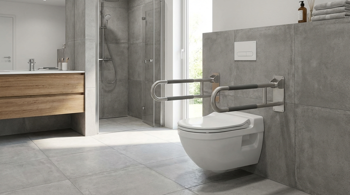 Ergonomisches, leicht erhöhtes WC mit stabilen Stützklappgriffen an beiden Seiten