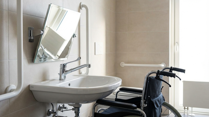 Unterfahrbarer Waschtisch mit verlängertem Hebelmischer und verstellbarem Kippspiegel