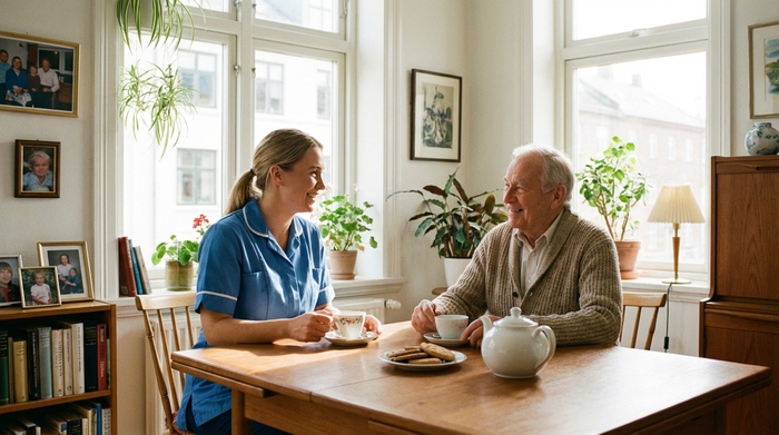 Freundliche Pflegerin und älterer Herr sitzen gemeinsam lächelnd am Küchentisch bei einer Tasse Tee in einer hellen Wohnung
