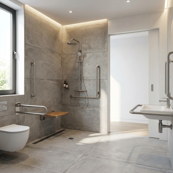 Modernes, barrierefreies Badezimmer mit ebenerdiger Dusche und stabilen Haltegriffen