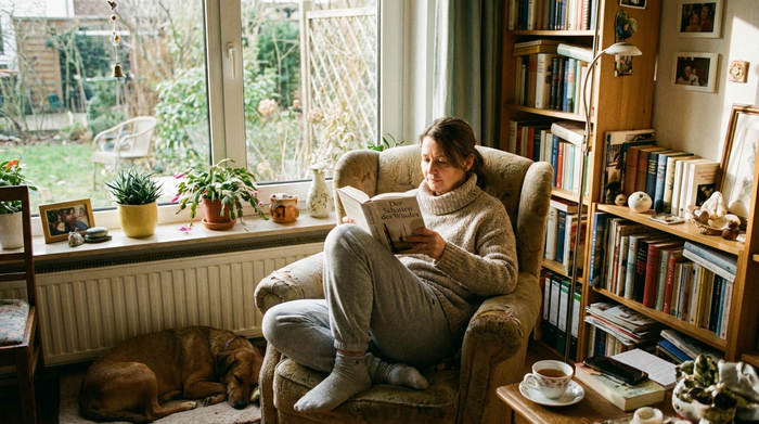 Pflegerin liest entspannt ein Buch in ihrem gemütlichen, privaten Zimmer