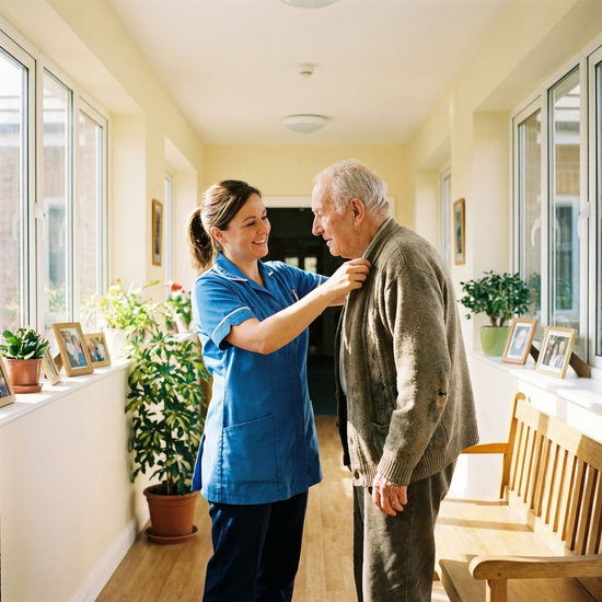 Pflegerin hilft Senior behutsam beim Anziehen einer Jacke in einem hellen, freundlichen Flur