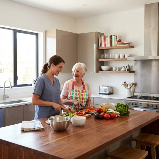 Pflegerin und Seniorin beim gemeinsamen Kochen und Gemüseschneiden in einer modernen Küche