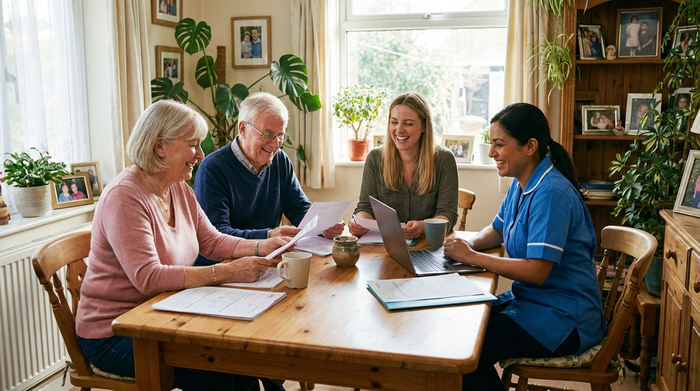 Angehörige und Pflegerin sitzen am Esstisch und besprechen entspannt Dokumente