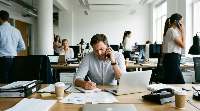Geschäftige Szene: Angehöriger telefoniert am Schreibtisch und macht sich Notizen