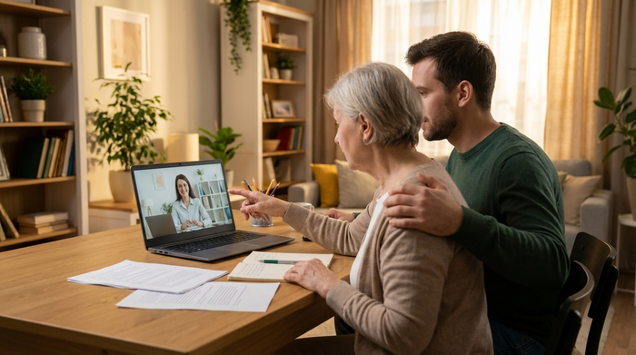 Angehörige bei einer professionellen Beratungssituation am Laptop im Wohnzimmer