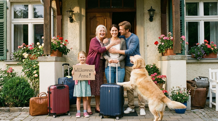 Freudige Begrüßung der neuen Pflegerin mit Koffer an der Haustür