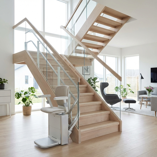 Moderner Treppenlift an einer hellen Holztreppe im Einfamilienhaus