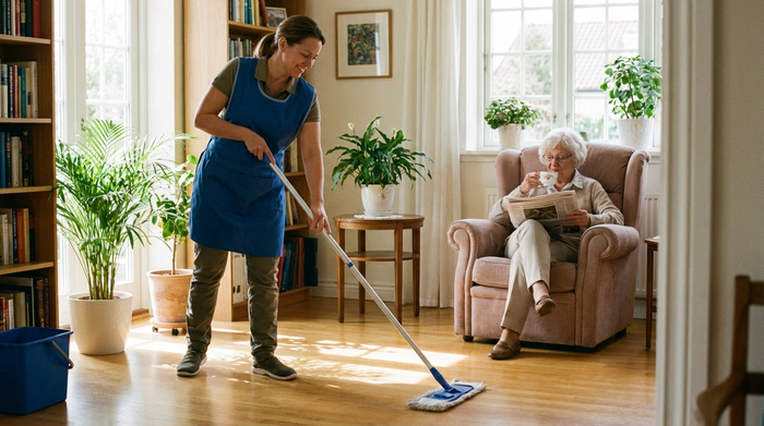 Professionelle Haushaltshilfe beim Wischen des Fußbodens im Wohnzimmer, im Hintergrund sitzt eine ältere Dame entspannt im Sessel
