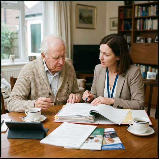 Senior und Pflegeberaterin sitzen gemeinsam am Tisch und besprechen Dokumente