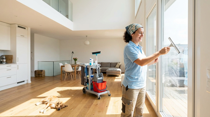 Putzhelferin reinigt Fenster in heller Wohnung