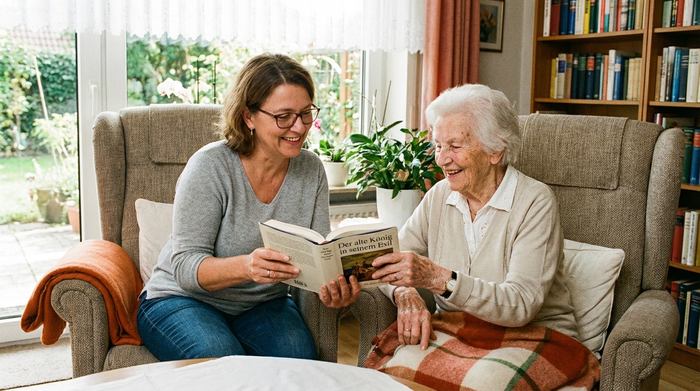 Alltagsbegleiterin liest Seniorin aus Buch vor