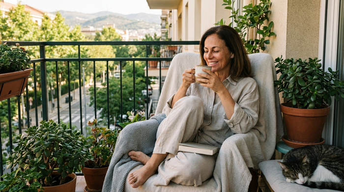Angehörige entspannt sich bei einer Tasse Kaffee auf dem Balkon