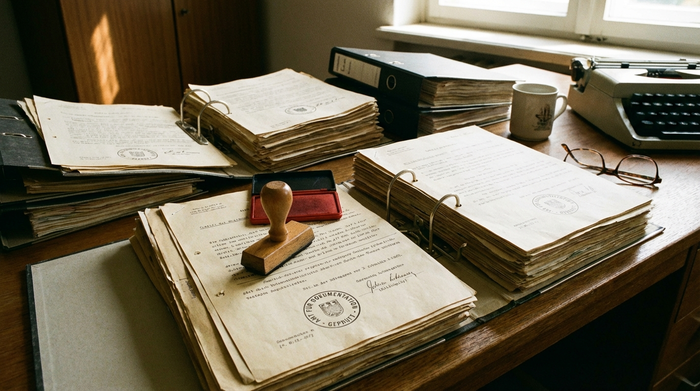 Ordner mit offiziellen Dokumenten und einem Stempel auf einem Schreibtisch