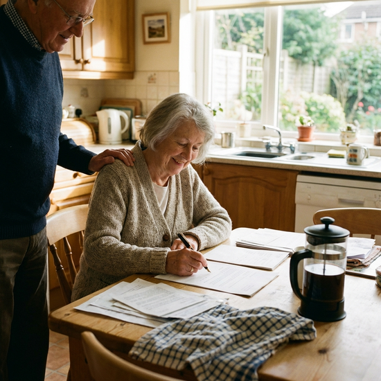 Seniorin unterschreibt ein Dokument am Küchentisch