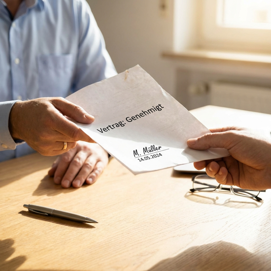 Hände überreichen ein unterschriebenes Formular