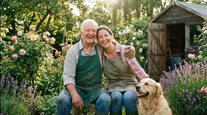 Glücklicher Senior mit seiner Tochter im Garten