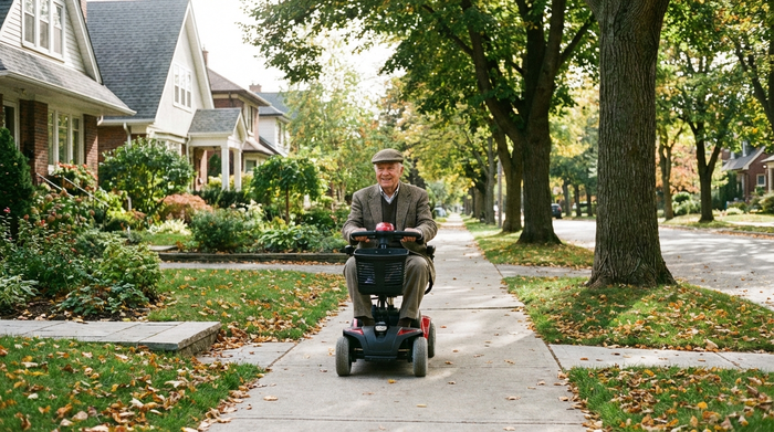 Älterer Herr auf einem Elektromobil fährt entspannt über einen breiten Bürgersteig in einem ruhigen Wohngebiet