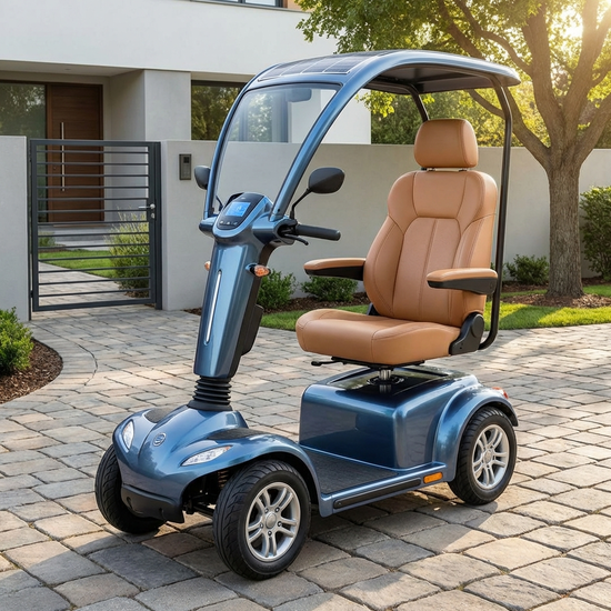 Modernes Elektromobil mit Lenksäule und bequemen Sitz, abgestellt auf einer gepflasterten Auffahrt