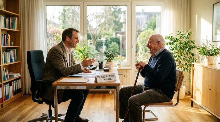 Hausarzt im Gespräch mit einem älteren Patienten in einer hellen Praxis