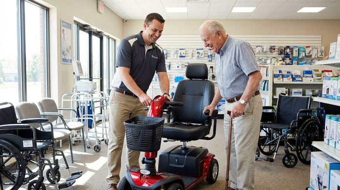 Freundlicher Mitarbeiter im Sanitätshaus zeigt einem Senior ein Elektromobil