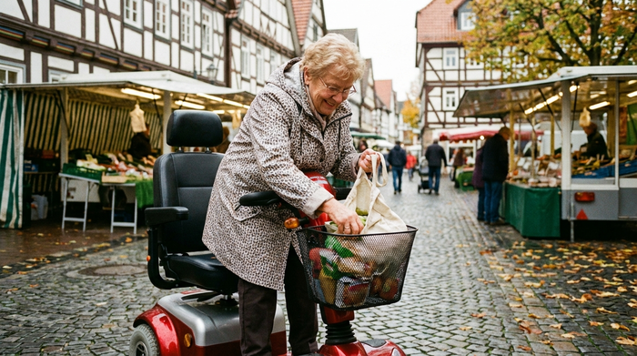 Seniorin verstaut kleine Einkäufe im vorderen Korb ihres Elektromobils