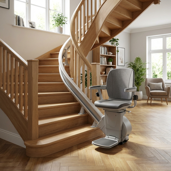 Moderner Treppenlift an einer geschwungenen Holztreppe in einem gepflegten Einfamilienhaus