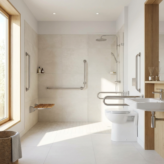 Helles, barrierefreies Badezimmer mit bodengleicher Dusche und stabilen Haltegriffen