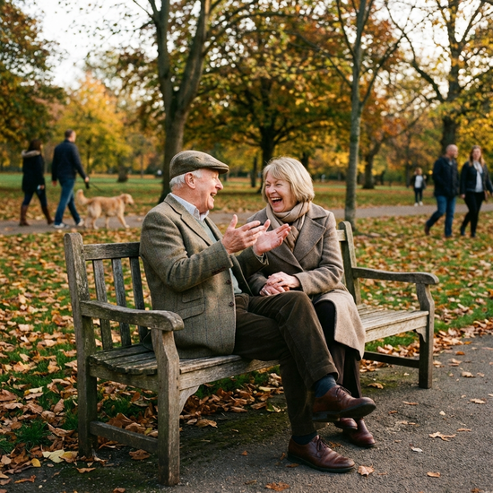 Älterer Herr und Dame sitzen lachend zusammen auf einer Parkbank und unterhalten sich angeregt