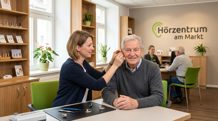 Hörakustikerin passt einem Senior im Fachgeschäft ein Hörgerät an
