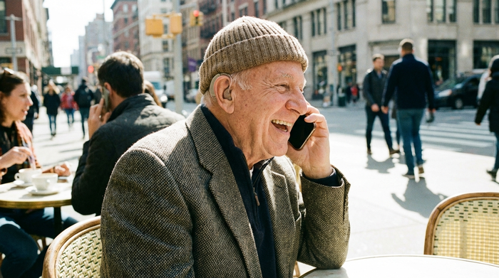 Senior trägt glücklich ein Hörgerät und telefoniert mit dem Smartphone