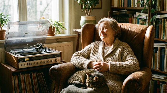 Seniorin sitzt entspannt im Sessel und lauscht mit geschlossenen Augen klassischer Musik