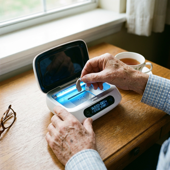 Hände eines Seniors legen ein kleines Hörgerät in eine moderne elektronische Trockenbox