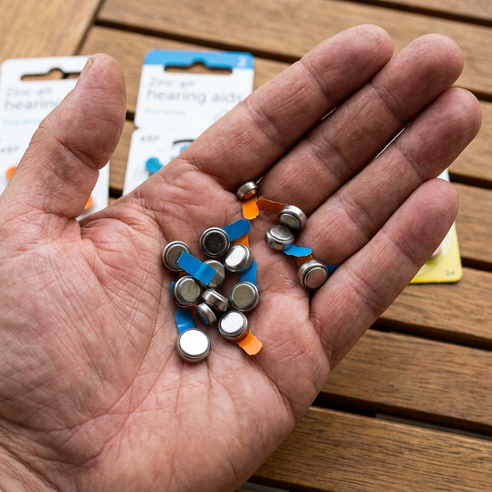 Geöffnete Handfläche mit mehreren kleinen Zink-Luft-Batterien für Hörgeräte