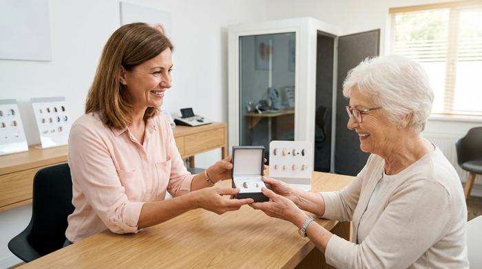 Freundlicher Hörakustiker überreicht einer lächelnden Seniorin ein neues Hörgerät