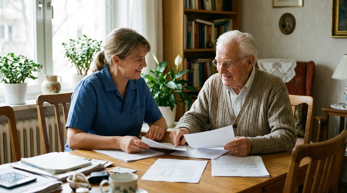 Älterer Herr und Pflegekraft sitzen entspannt am Esstisch und besprechen Unterlagen